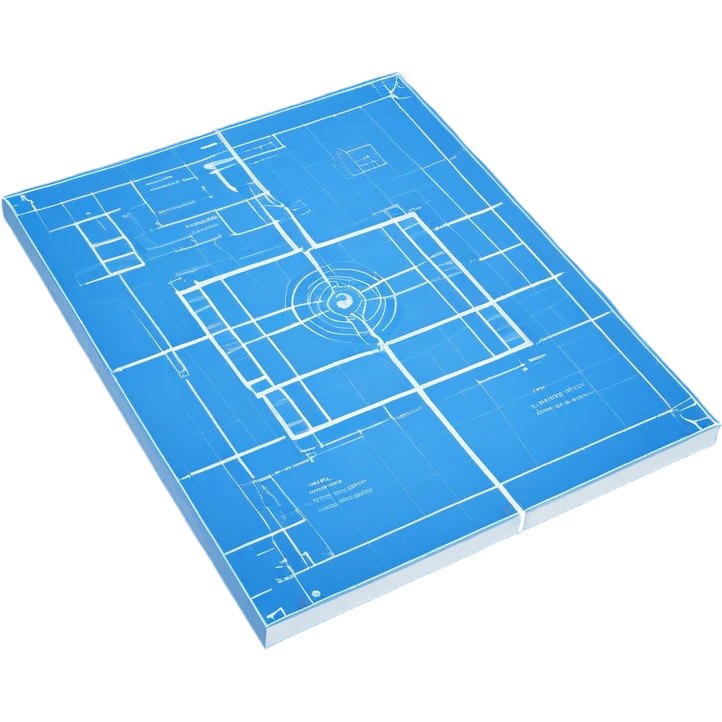 blue blueprint plan with white lines, perspective view showing both side and top emoji