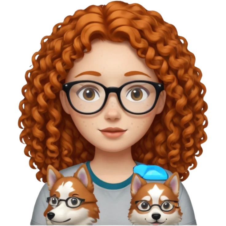 make a ginger girl with freckles and glasess. make her hair curly and she has a husky on her shirt emoji