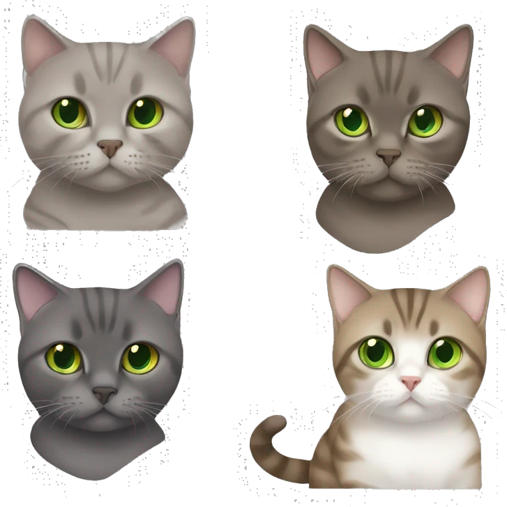 Brown british shorthair with Brown eyes + Grey Tabby scotish fold with Green eyes sitting emoji