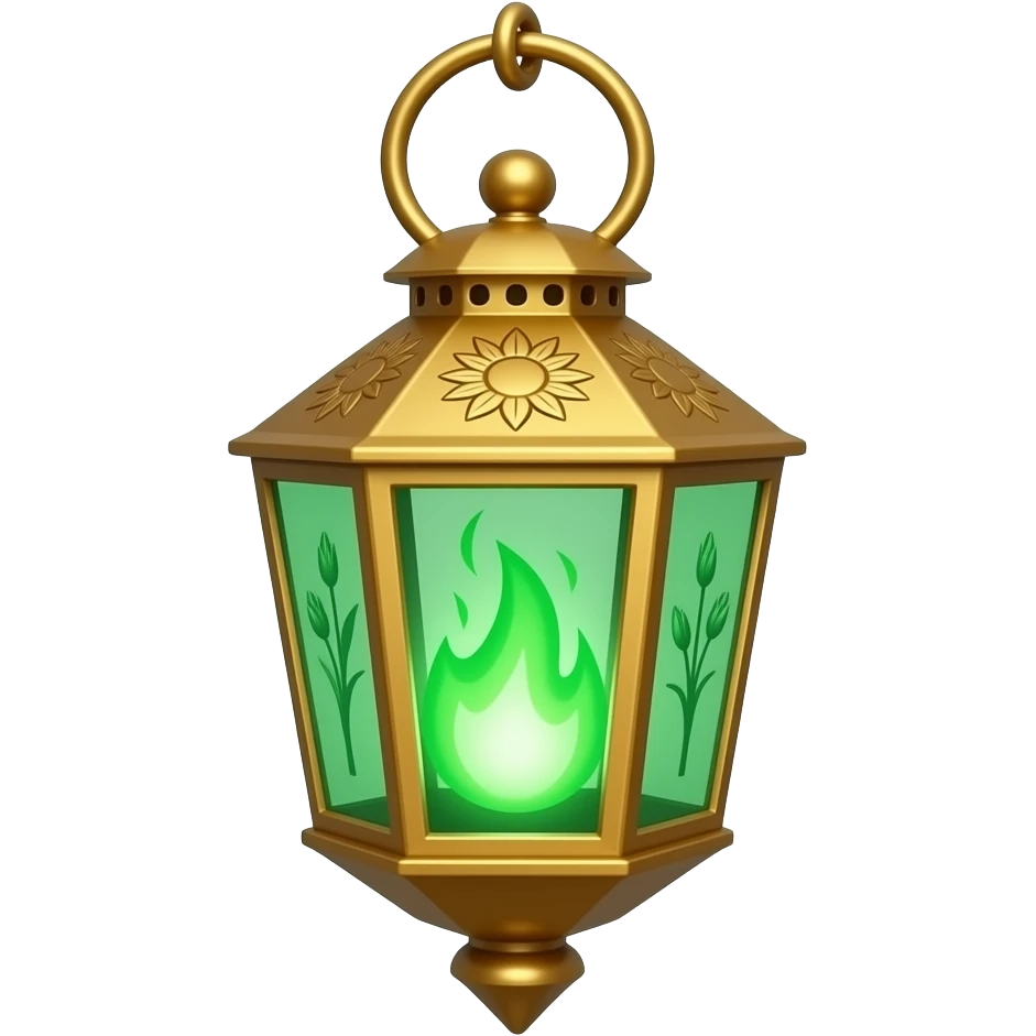 A golden hanging lantern with a bright emerald flames, an empty loop on top, sunflower & asphodel themed, but simple focus more on the green flames, paint the glass more green, have its bottom point come to some sort of point emoji