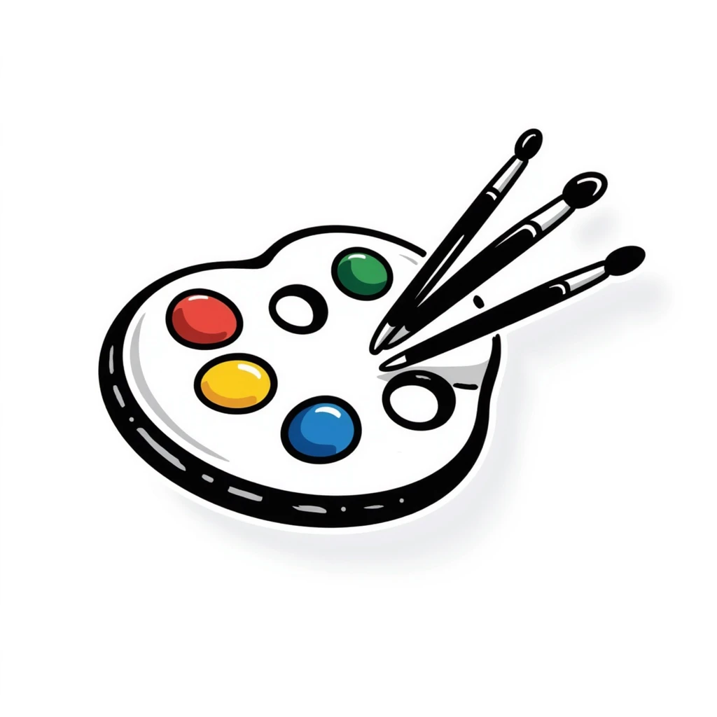 Detailed artist's palette with colorful paint blobs, palette holes, and paintbrushes. Sticker-like appearance with detailed doodle style and transparent background. emoji