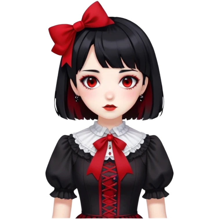 Gothic anime lady with short black hair, black and red Lolita dress, freckles, makeup emoji