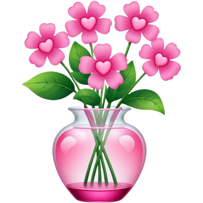 a transparent vase with flowers and the flowers should be in the shape of pink hearts, of which there should be 7 emoji