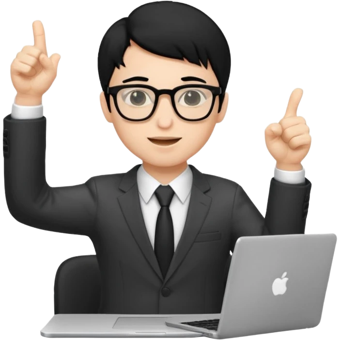 un estudiante con lentes y su laptop CON TERNO Y CABELLO NEGRO,  LEVANTANDO LAS MANOS DANDO LIKE emoji