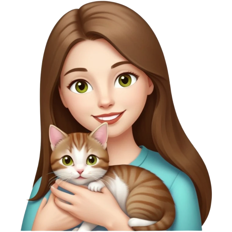 White Woman with VERY long straight brown hair, rosy lips and cheeks, big chartreuse eyes, cute happy big smile holding a white and brown tabby kitten emoji