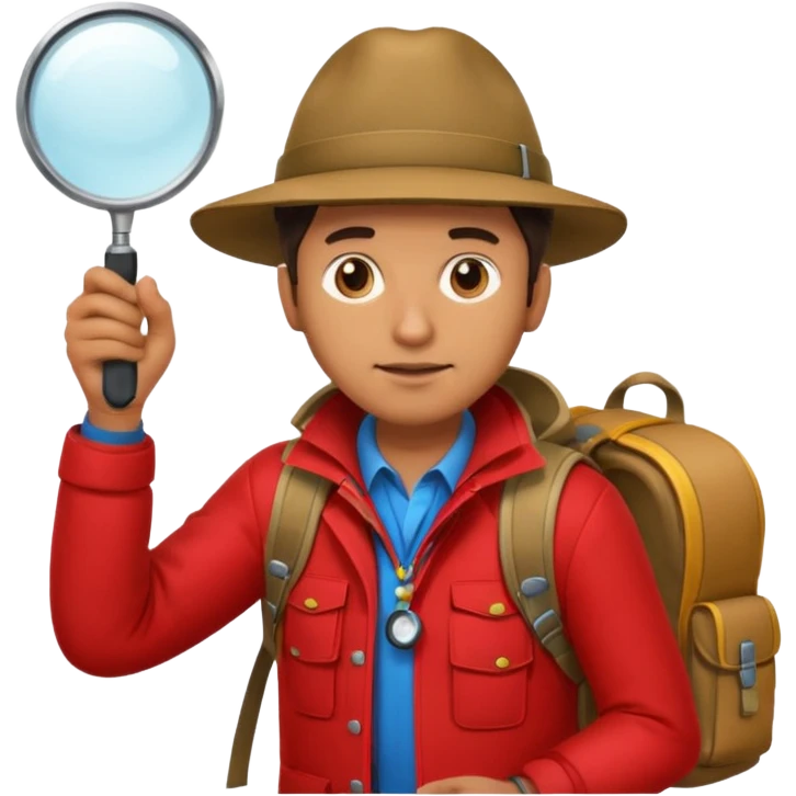 Explorer man with red jacket backpack and magnifying glass emoji