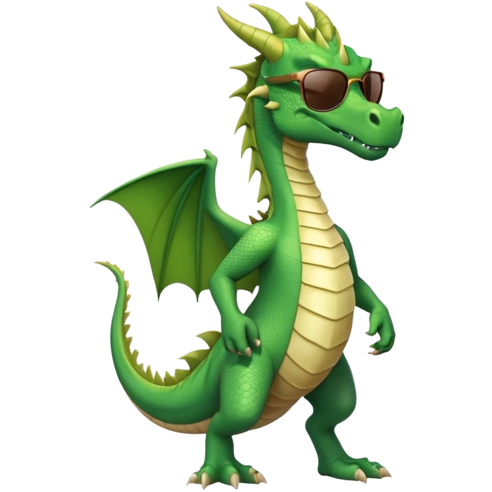 friendly anthropomorphised green dragon in a sports t-shirt and jeans wearing dark sunglasses walking upright emoji