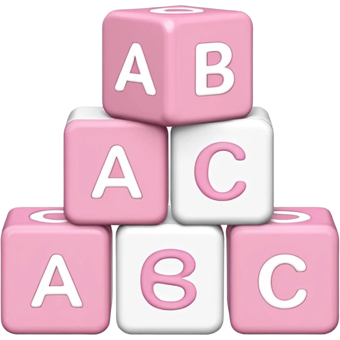 three Light pink and white toy alphabet blocks stacked with different letters emoji