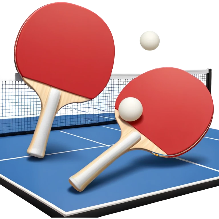 Two table tennis paddles and a ball placed on a ping pong table, with the net in the background. The scene conveys the simplicity and focus of the sport, with vibrant colors highlighting the rackets and ball on the smooth surface of the table. emoji