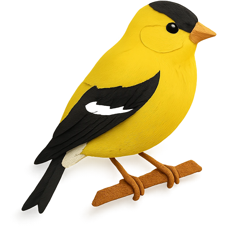 American Goldfinch on a branch, layered paper details, vivid yellow and black plumage, expressive eye, naturalistic pose emoji
