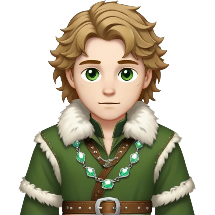 Medieval winter outfit worn by a DnD themed fantasy male character. Heavy olive green wool tunic with lynx fur collar, secured with ornate silver fastenings and a thick embossed leather belt. Clothes only above the waist, full waist coverage. The character has no arms. Character is white-skinned with golden brown hair, forest green eyes, and shoulder-length wavy hair with ice-crystal highlights. emoji