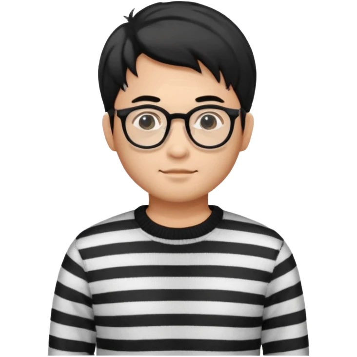 asian man with black curtains styled hair in striped sweater standing and in glasses emoji