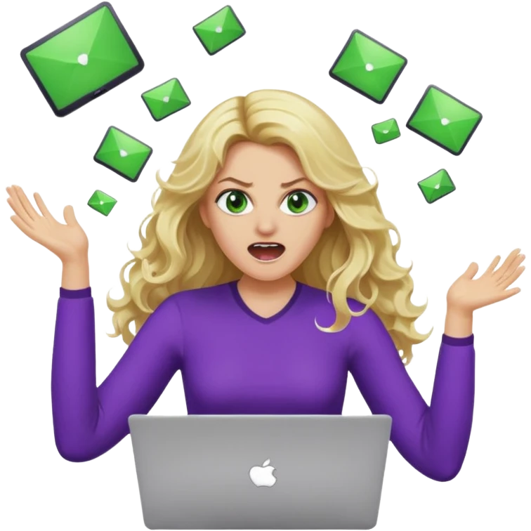 lady with long blonde wavy hair, purple top, green eyes throwing her with a laptop hands in the air screaming emoji