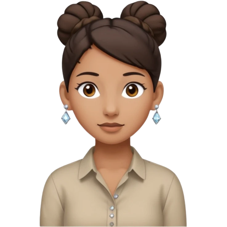 generate a pretty bratz girl with dark brown eyes. Dark brown hair tied in a single bun, tight beige button up shirt with top shirt open. diamond studs in ears. airpods in ear emoji