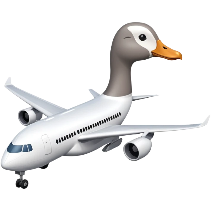 A regular passenger airplane with a goose head attached to the front nose section emoji