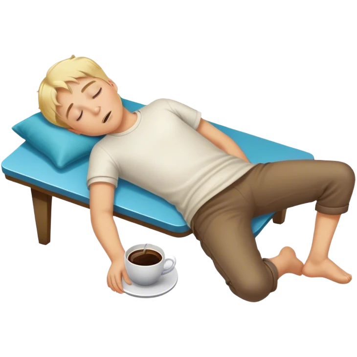 Boy with blond hair lying on the floor asleep after falling through a coffee table emoji