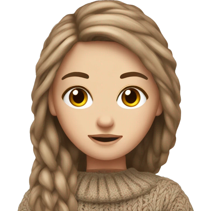 white girl brown long hair in hknitted cozy sweater  emoji