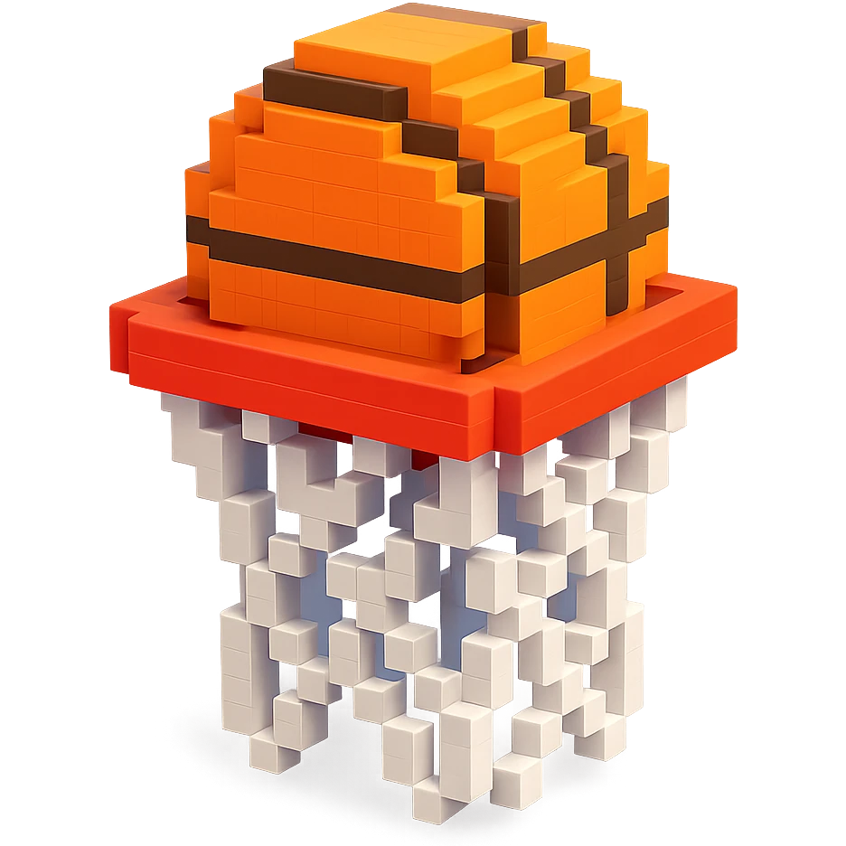 Voxel-style basketball in a net, no background, variation 5. emoji
