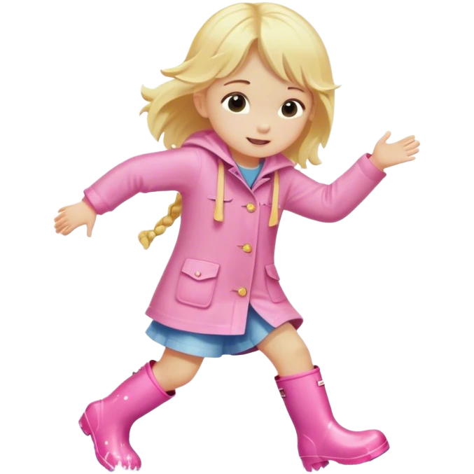 Blonde little girl in light pink rain boots splashing in water emoji