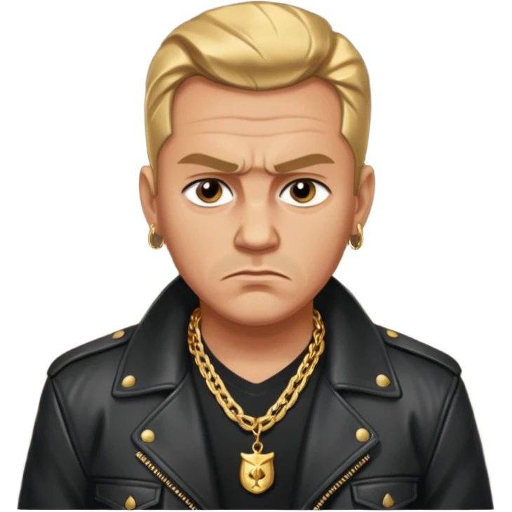 Russian 1990s gangster emoji, leather jacket, gold chain, serious face, cartoon style emoji