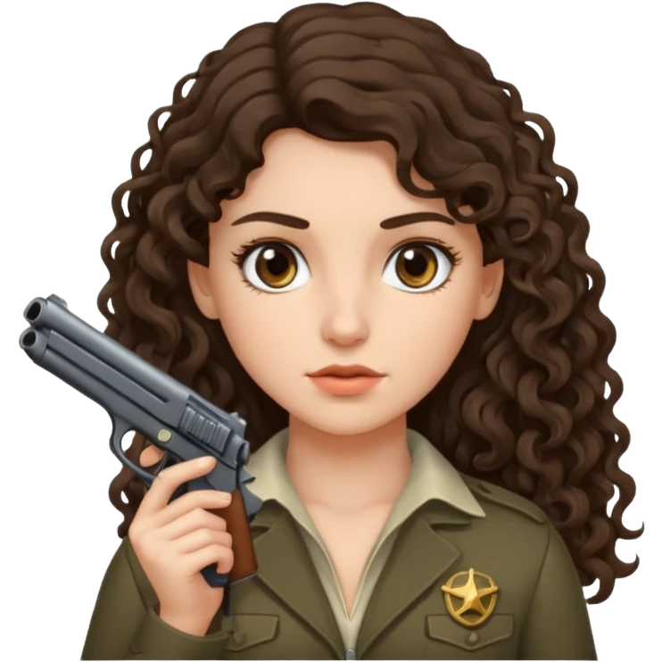 A brunette with long wavy, curly hair girl who is about to kill herself with a littlr gun pointed at her temple emoji