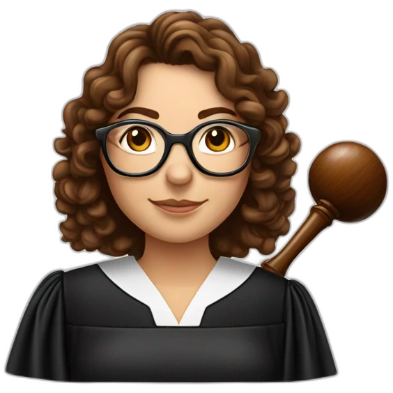 Caucasian female judge, gavel in hand, with round glasses and brown curly hair on her shoulder emoji