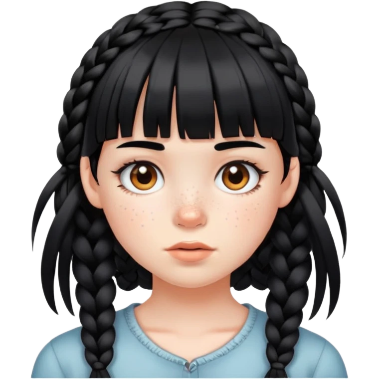 A girl with white skin and black hair and bangs with some braids face full of freckles emoji
