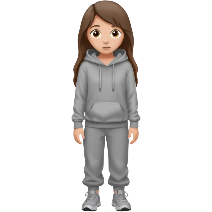 Chica grande  asustada de cuerpo completo mirado a la izquierda con pelo castaño largo  pantalones baggy  grises y hoodie gris  emoji