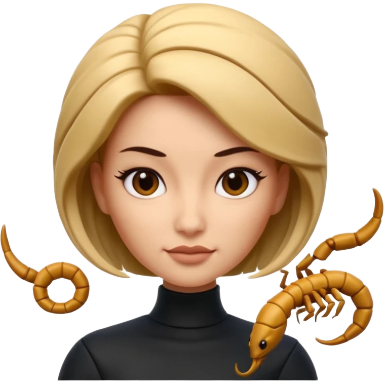 Scorpio zodiac signA 3D cartoon woman with a scorpion-shaped hairstyle, confident expression, smooth skin tone, Memoji-style. emoji