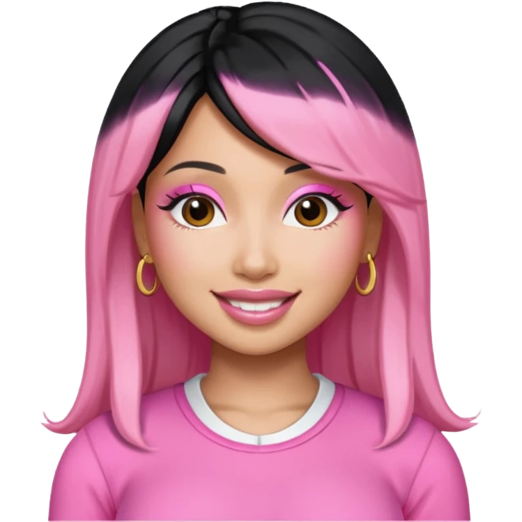 Nicki Minaj black hair with pink highlights, pink outfit emoji