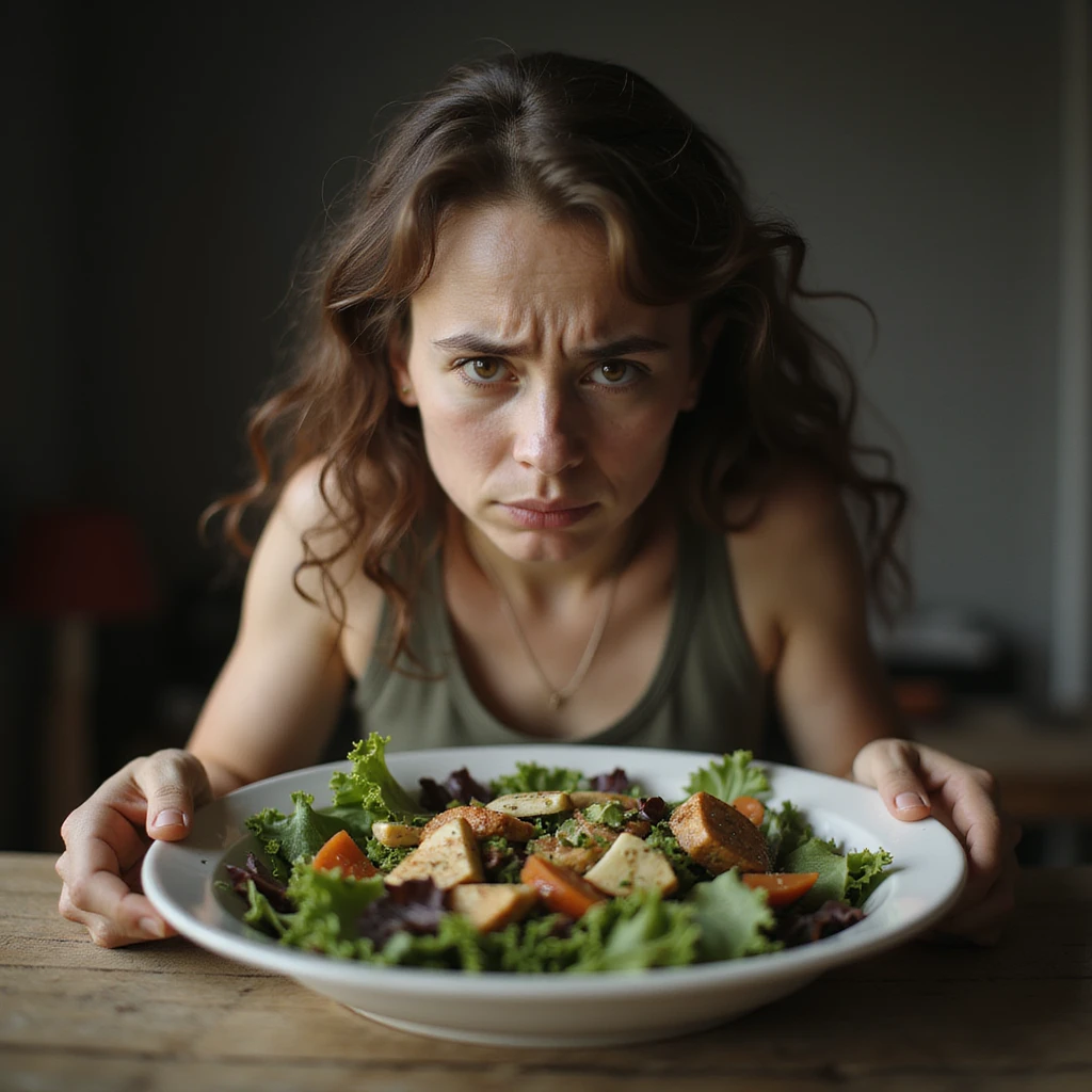 sad woman eating salad, sad expression, hyperrealism 4K, variation 9 emoji