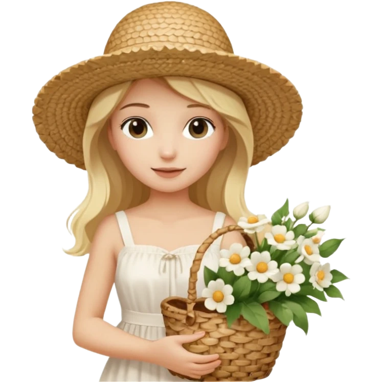 summer beautiful wicker hat, beach beige bag and bouquet of white flowers and blonde girl in Italy white dress emoji