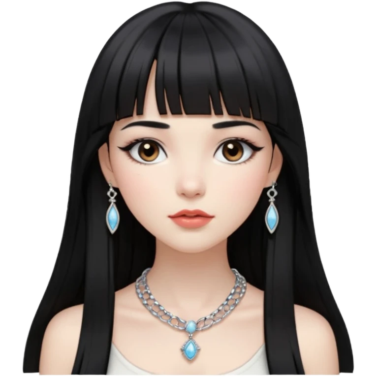 pale pretty girl with long black hair with straight bangs slightly above the brows and a hime cut after her chin, dark brown eyes, blushed lips and cheeks, long lashes, a silver necklace and  bracelets, with a classic timeless luxury style emoji