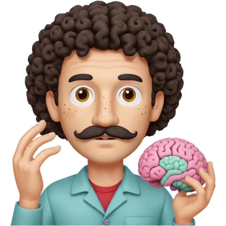 Enhance the claymation man holding a brain by adding more depth and dimension to the image. Make him more attractive and quirky, inspired by the first version, with dark curly hair, thick mustache, light skin, freckles, more movement, claymation style, visible fingerprints, and pastel colors. emoji