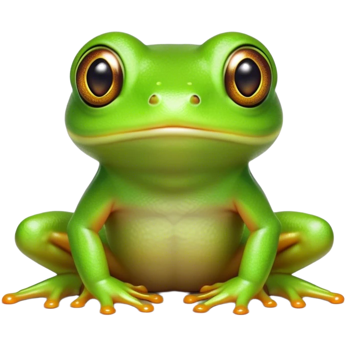Cinematic Cute Green Tree Frog Portrait Emoji, Head tilted playfully and inquisitively, featuring a charmingly compact form with vivid green, slightly textured skin, prominent sticky toe pads, and round, sparkling eyes full of playful wonder, Simplified yet irresistibly adorable features, highly detailed, glowing with a warm, inviting jungle glow, high shine, affectionate and lively, stylized with a touch of tropical whimsy, soft glowing outline, capturing the essence of a mischievous yet loving frog that seems as if it could hop out of the screen into your arms! emoji