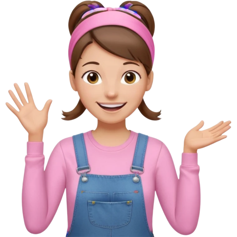 preschool teacher with brown hair pulled up in high ponytail and light pink thin width headband. Has a pink t-shirt with denim overalls. enthusiastic expression with big smile emoji