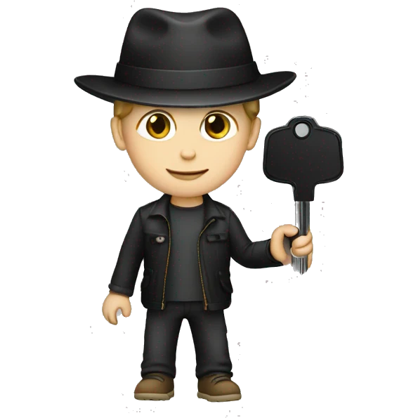white boy with a black hat holding a car key emoji