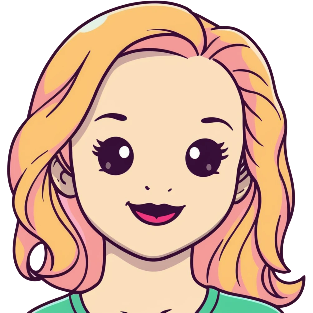 Young girl with pale skin, full pink lips smiling, blonde reddish long hair, big brown eyes with a hint of green, big mouth emoji