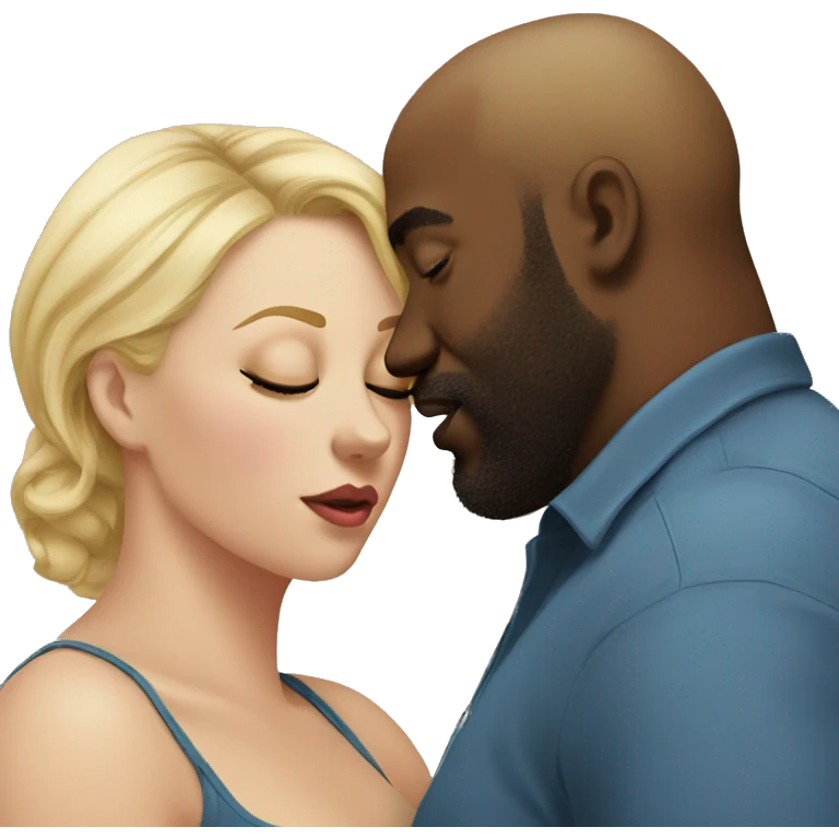 Fat blonde woman kissing bearded black man bald emoji