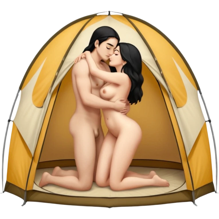 Девушка и мужчина голые лежат на палатке в обнимку, она большие сиски, большая жопа, черные волосы. Он средного телосложения, короткие волосы. Они голые целуется. Видны все тело emoji