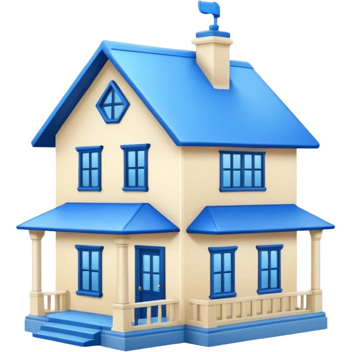 a creamy-colored house with blue trim and a blue roof emoji