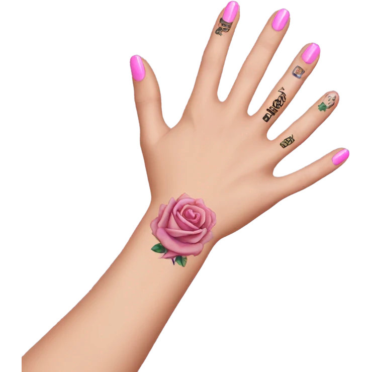 White girl arm with pink nails and tattoos emoji