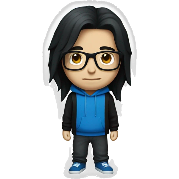 Guy with long black hair and square blue glasses and black hoodie, white skin emoji