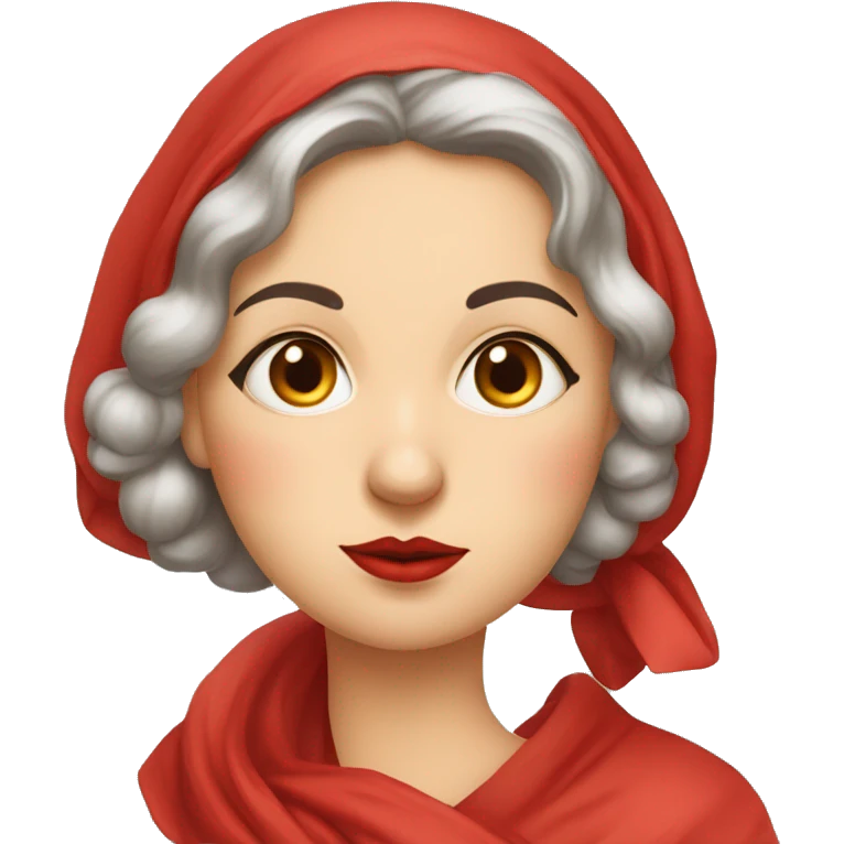 A 1940s Russian woman with a red handkerchief wrapped around her head. A stoic and serious expression is placed upon the woman’s face. Her finger is pressed to her lips, showing not to speak emoji