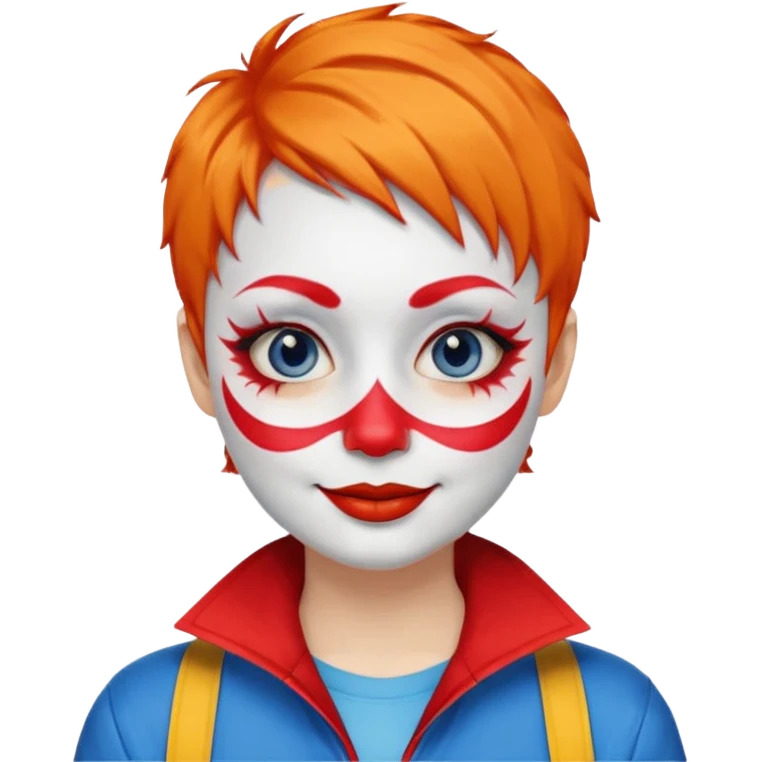 Orange short hair.

White face paint with blue eye makeup and a red nose.

Bright smile with red lips.

Wearing a red jacket over a yellow shirt. emoji