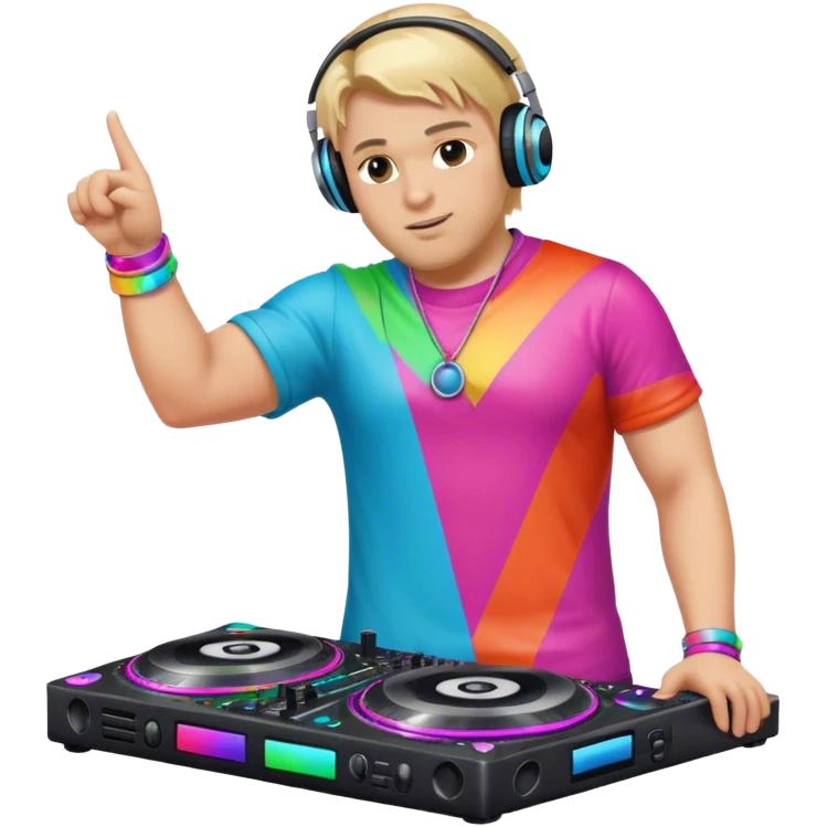 blond big man in colorful dj outfit pointing sidewys emoji