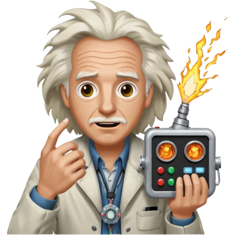 Doc Brown from Back to the Future, holding a flux capacitor, excited face, wild hair emoji