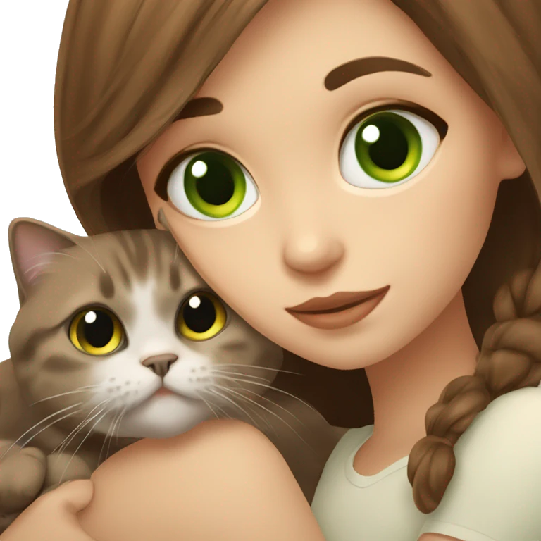 Beautiful girl with brown hair and brown eyes hug Scottish fold cat with green eyes  emoji