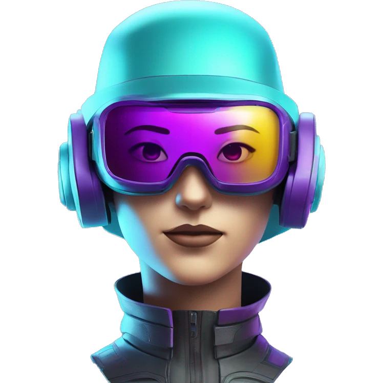 Secret humanoid agent in a futuristic hat with in Apple VR goggles headset code display on the goggles , cyberpunk, cyan and purple colors, only upper body portrait, front facing the camera  emoji