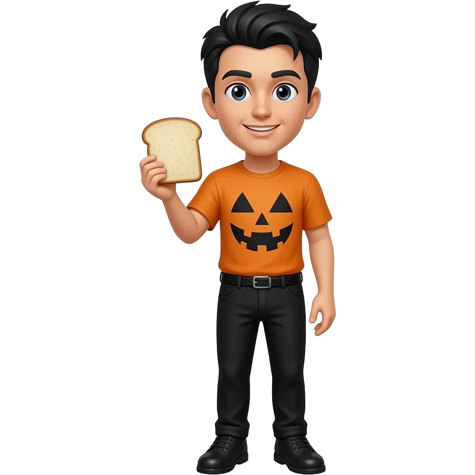 una persona con camisea de hallowen i los pantalones negros i que el pelo sea de color negro i que se le vea la cara i las piernas i pies i que tenga zapatos i con un troço de pan en un mano emoji